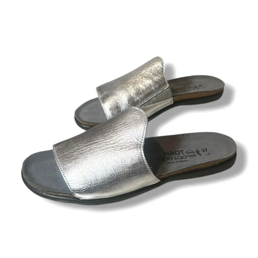 NAOT Skyler Leather Supportive Slide Sandal Silver Slip On Women’s EU 37 (US 6)